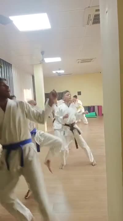 Video of Karate students practicing punching technique in a lined-up drill at Sports Zone LLP, Patna